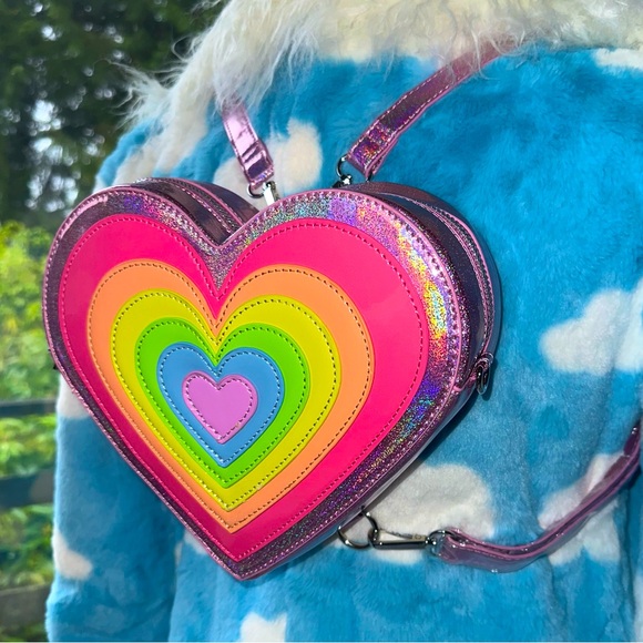 Dolls Kill Handbags - 🎀[ Club Exx ] Holographic Iridescent Mini Heart Backpack / Crossbody
